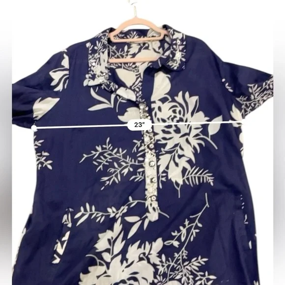 Soft Surroundings beaded tunic cotton blue white leaf print embellished 1X - Picture 4 of 12